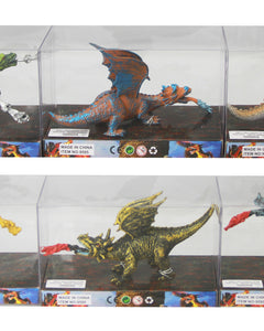Happy Kin Magic Dragon individual figures in six clear display gift boxes featuring green, orange, gold, silver and blue fantasy winged dragon designs, SKU 9595